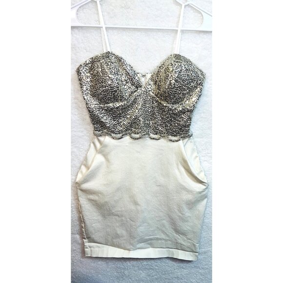 City Studio Other - City Studio Silver Sequin & White Mini Dress w Spaghetti Straps and Pockets Sz 7